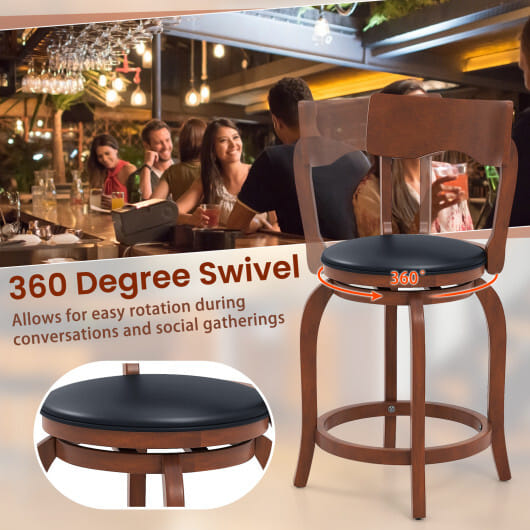 Swivel Bar Stools Set of 2 with Rubber Wood Frame and Upholstered Seat-24 Inch - Color: Black & Brown - Size: 24 inches