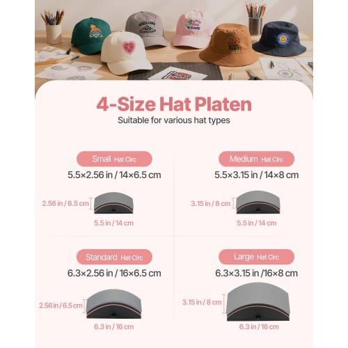 Hat Heat Press Machine, with 4pcs Interchangeable Platens, Precise Temperature and Time Control, Hat Press for HTV Iron On and Sublimation Projects, for Caps, Headbands, Cuffs, Face Masks, Pink