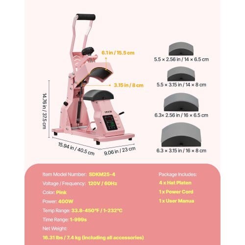 Hat Heat Press Machine, with 4pcs Interchangeable Platens, Precise Temperature and Time Control, Hat Press for HTV Iron On and Sublimation Projects, for Caps, Headbands, Cuffs, Face Masks, Pink