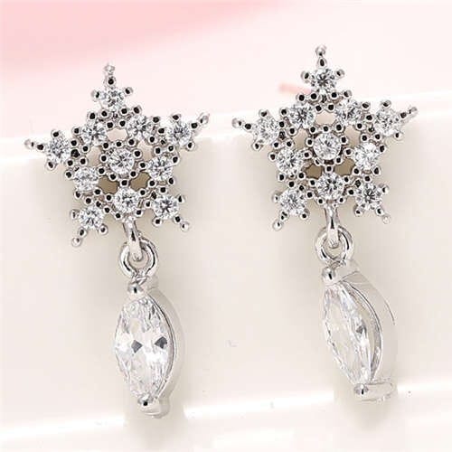 Cubic Zirconia Embellished Shining Snow Flake with Waterdrop Tassel Design Sweet Fashion Earrings - Silver