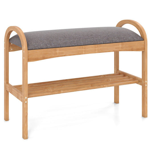 2-Tier Bamboo Shoe Bench with Padded Cushion and Shelf-Gray - Color: Gray