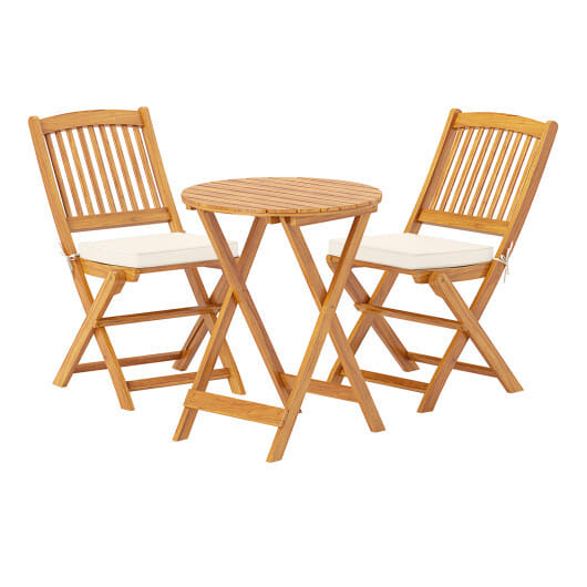 3 Pieces Acacia Wood Patio Folding Bistro Set with Soft Cushions-Beige - Color: Beige
