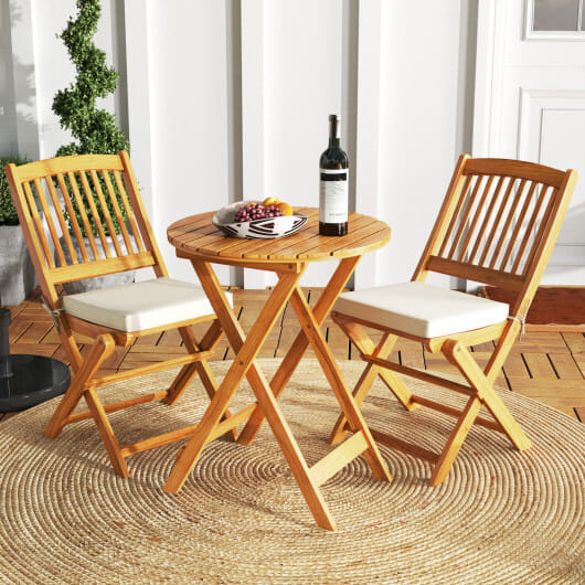 3 Pieces Acacia Wood Patio Folding Bistro Set with Soft Cushions-Beige - Color: Beige
