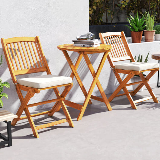 3 Pieces Acacia Wood Patio Folding Bistro Set with Soft Cushions-Beige - Color: Beige
