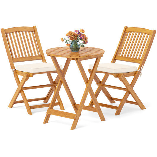 3 Pieces Acacia Wood Patio Folding Bistro Set with Soft Cushions-Beige - Color: Beige