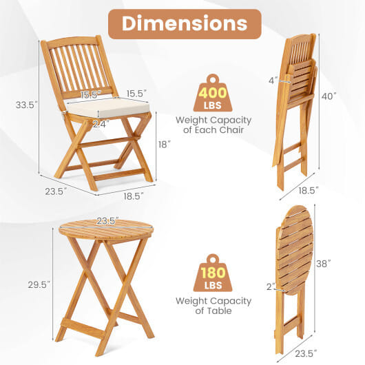 3 Pieces Acacia Wood Patio Folding Bistro Set with Soft Cushions-Beige - Color: Beige