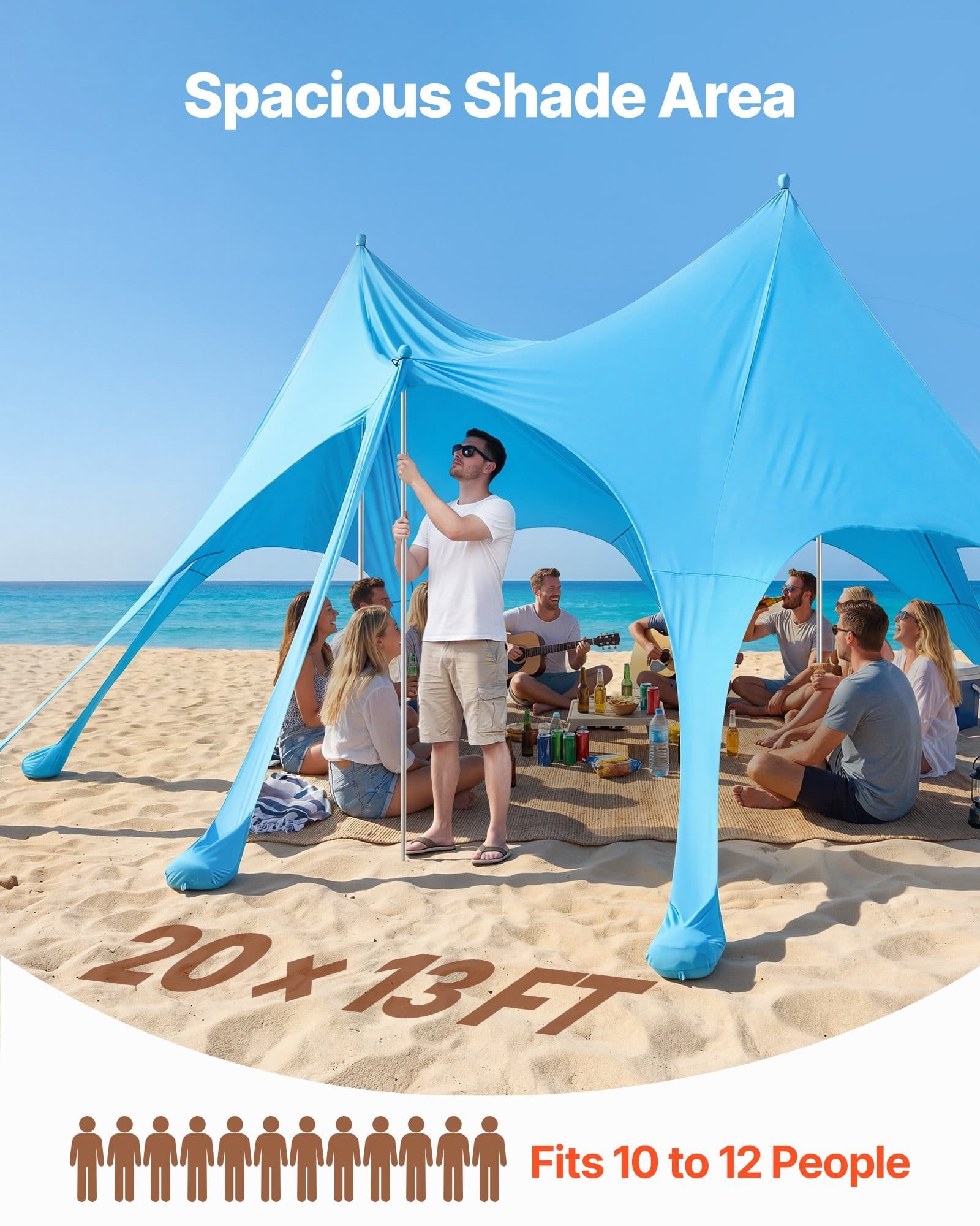 Beach Tent Sun Shelter, UPF50+ Sun Protection, 9.2 ft Tall, 20 x 13 ft, Easy Pop Up Beach Canopy with Sandbags, Stability Poles, Sand Shovels, Portable Shade for Family Outings, Camping, Fishing