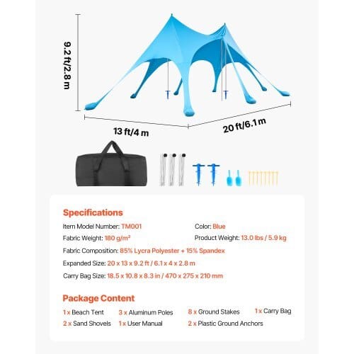 Beach Tent Sun Shelter, UPF50+ Sun Protection, 9.2 ft Tall, 20 x 13 ft, Easy Pop Up Beach Canopy with Sandbags, Stability Poles, Sand Shovels, Portable Shade for Family Outings, Camping, Fishing