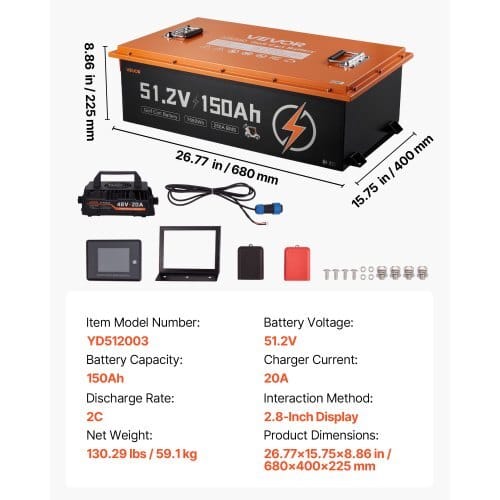 48V (51.2V) 150AH Lithium Golf Cart Battery, with 20A Charger, Lifepo4 Battery Kit, Built-in 250A BMS, with Bluetooth & Touch Monitor, 2C Discharge, 4000 Cycles, for Golf Carts, Trolling Motors