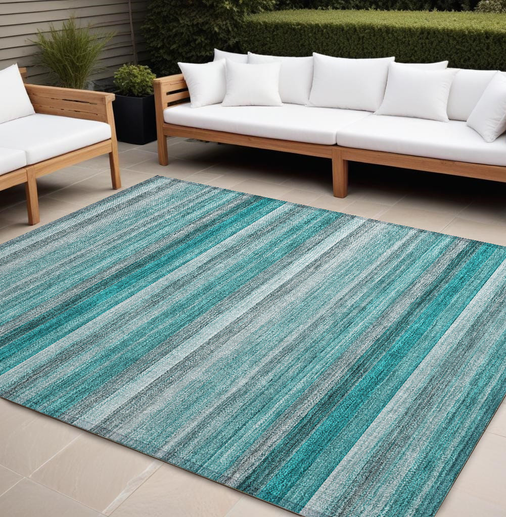 9' X 12' Teal Striped Washable Non Skid Indoor Outdoor Area Rug