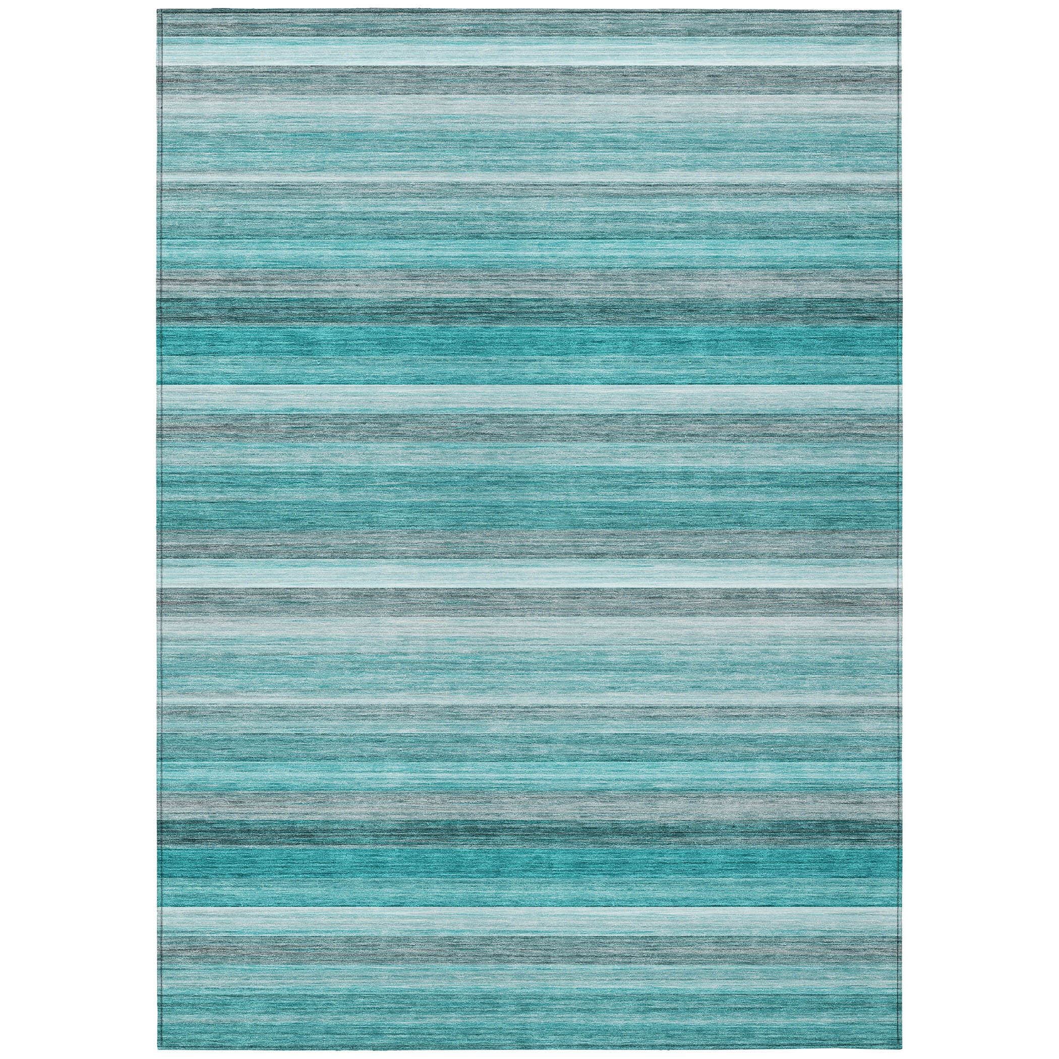 9' X 12' Teal Striped Washable Non Skid Indoor Outdoor Area Rug