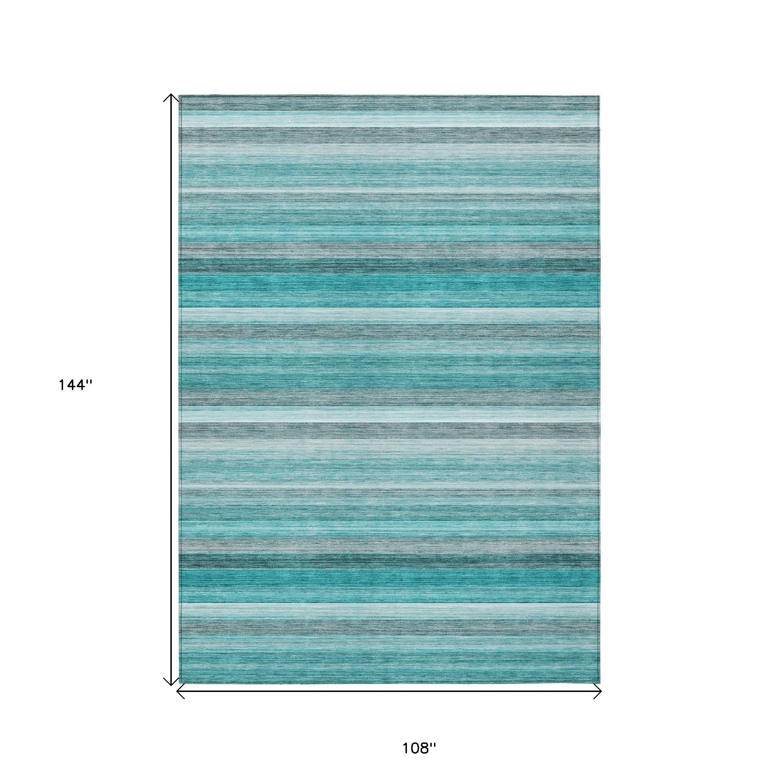 9' X 12' Teal Striped Washable Non Skid Indoor Outdoor Area Rug