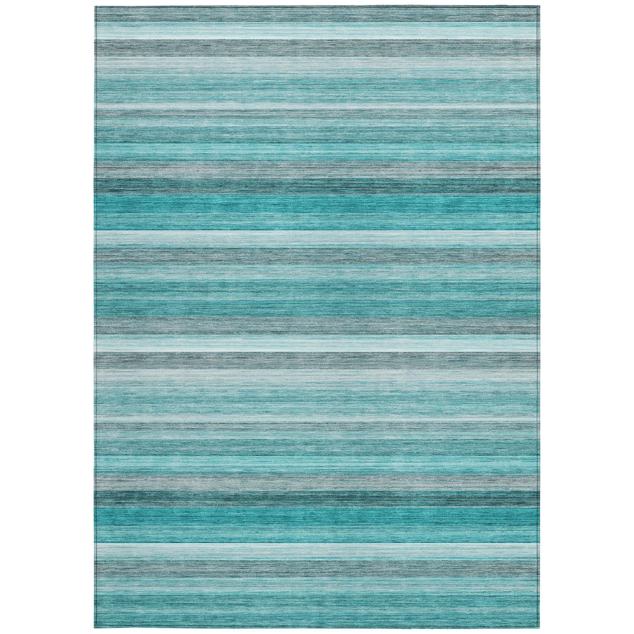 9' X 12' Teal Striped Washable Non Skid Indoor Outdoor Area Rug