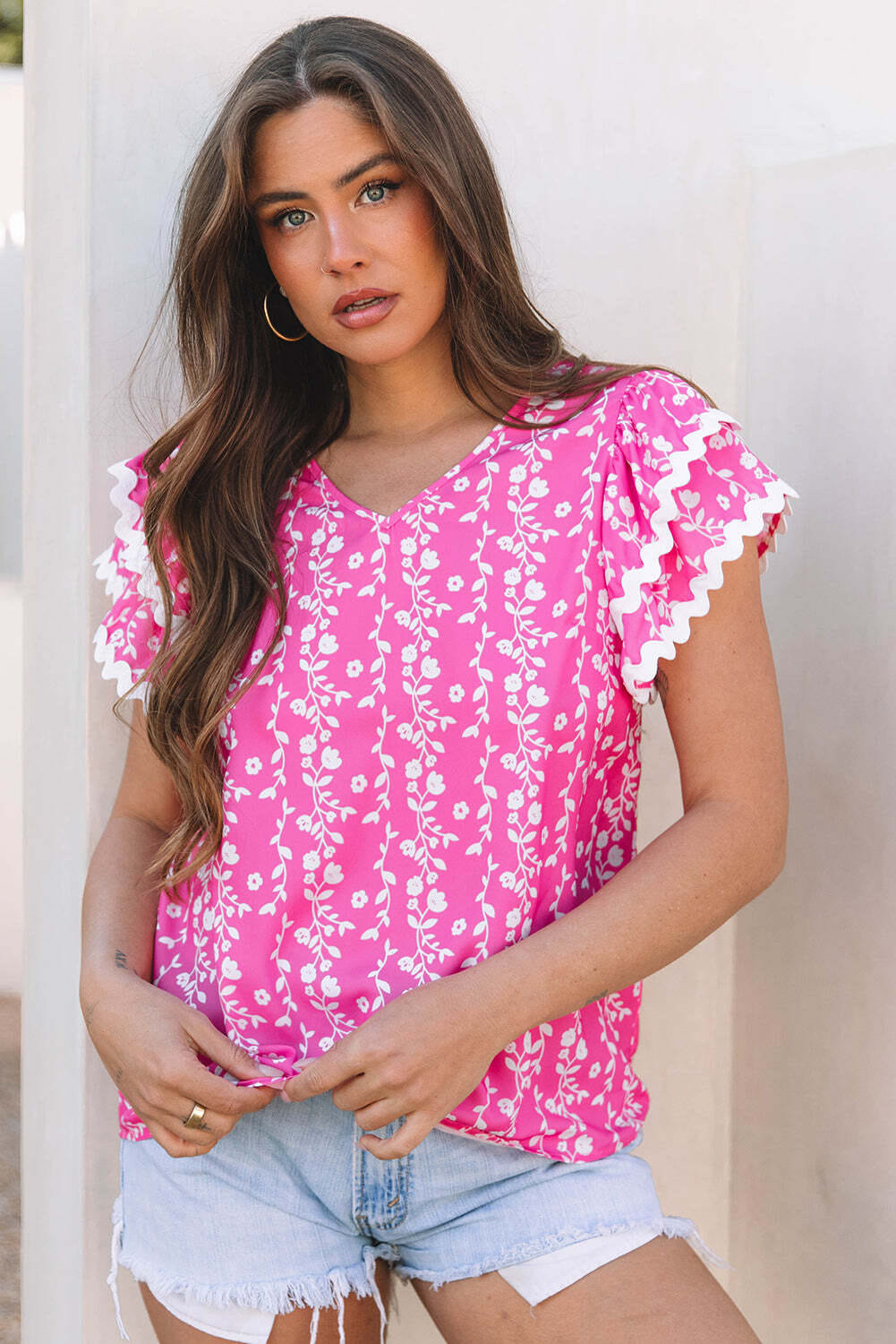 Pink Floral Print Ric-rac Tiered Ruffled V Neck Blouse