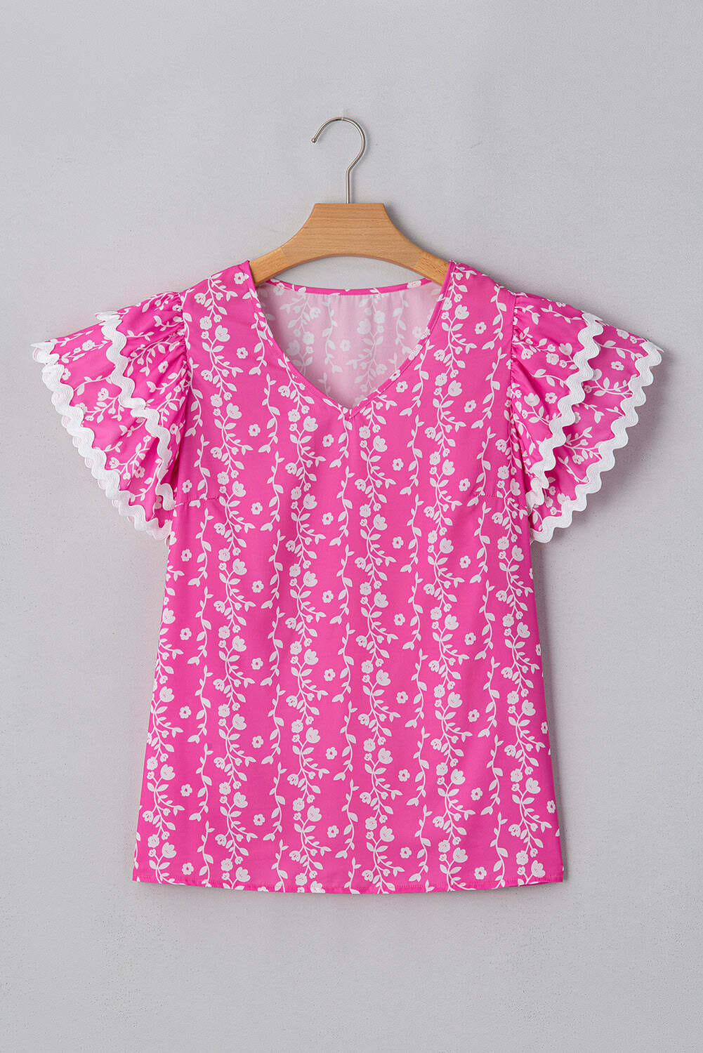 Pink Floral Print Ric-rac Tiered Ruffled V Neck Blouse