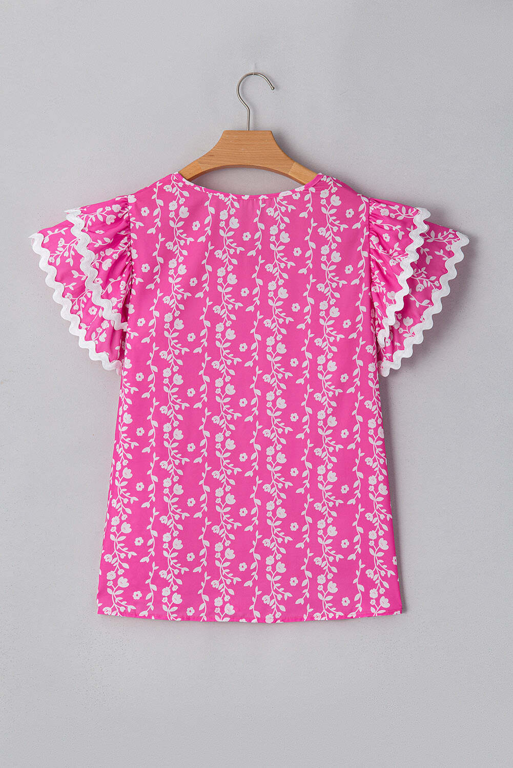 Pink Floral Print Ric-rac Tiered Ruffled V Neck Blouse