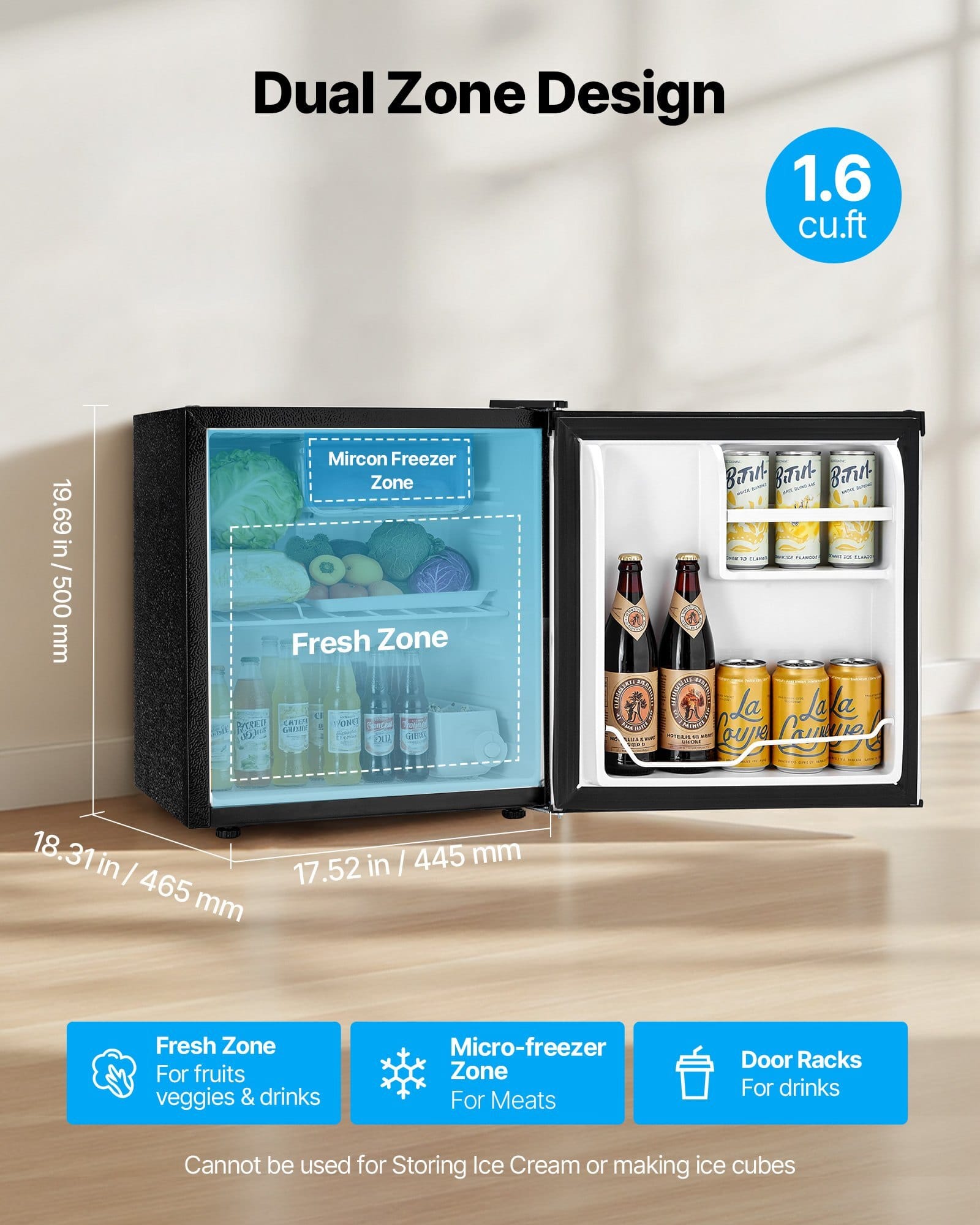 Mini Fridge, 1.6 Cu.Ft, Single Door Compact Refrigerator, Adjustable Temperature, Metal Shelf, Energy Efficient Small Refrigerator, Reversible Door, Low Noise, for Bedroom, Office, Stainless