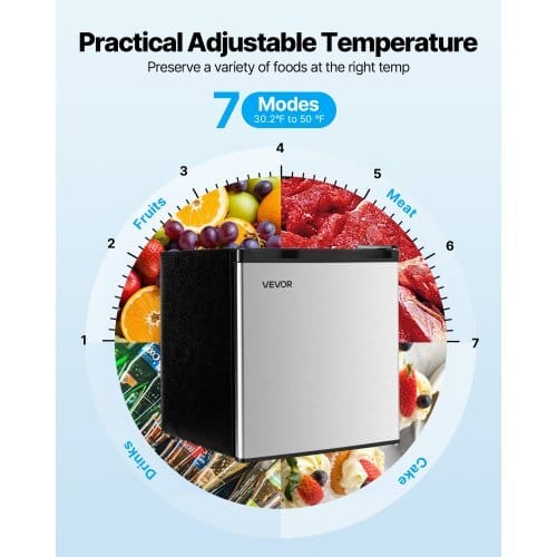 Mini Fridge, 1.6 Cu.Ft, Single Door Compact Refrigerator, Adjustable Temperature, Metal Shelf, Energy Efficient Small Refrigerator, Reversible Door, Low Noise, for Bedroom, Office, Stainless