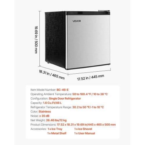 Mini Fridge, 1.6 Cu.Ft, Single Door Compact Refrigerator, Adjustable Temperature, Metal Shelf, Energy Efficient Small Refrigerator, Reversible Door, Low Noise, for Bedroom, Office, Stainless