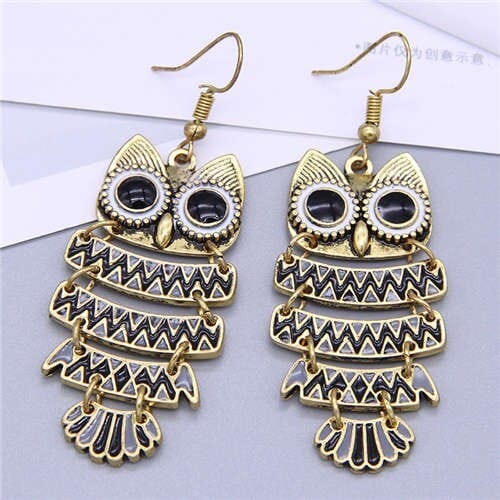 Enamel Night Owl Vintage Fashion Women Wholesale Costume Earrings - Black