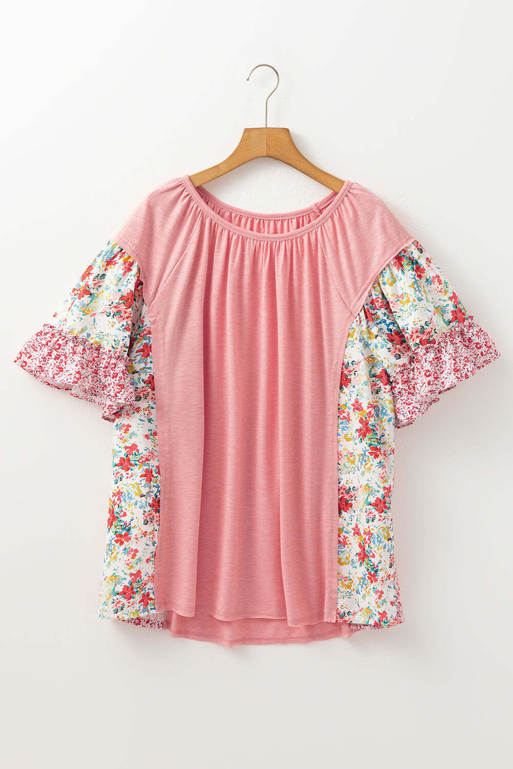 Pink Plus Size Floral Patchwork Ruffled Short Sleeve Blouse