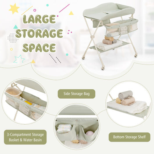 Baby Diaper Changing Table with Water Basin Wheel-Green - Color: Green
