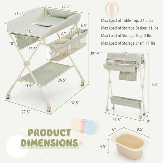 Baby Diaper Changing Table with Water Basin Wheel-Green - Color: Green