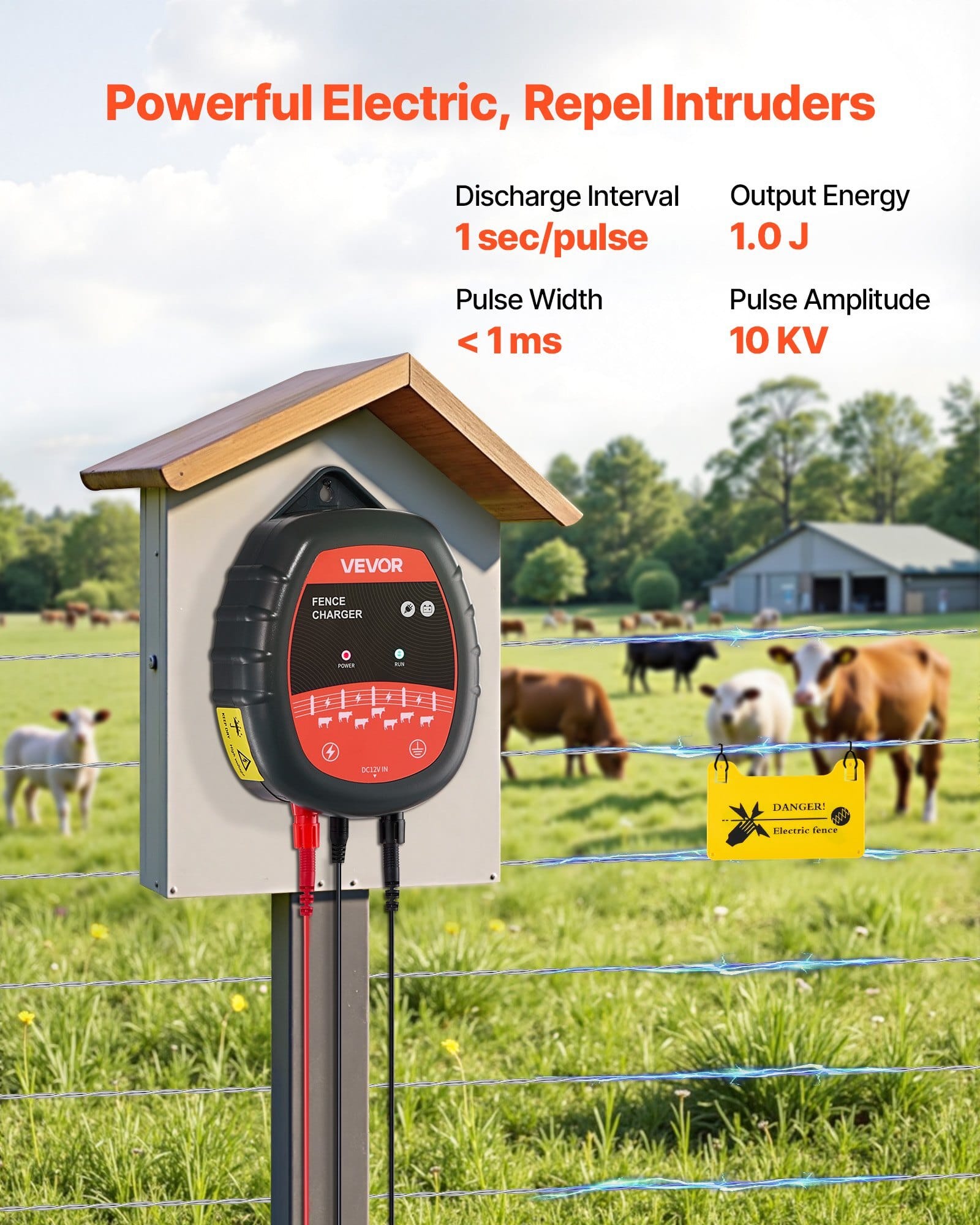 Electric Fence Charger, 10kV 1J, AC DC Electric Fence Energizer with LED Indicator, 1.86 Miles Range, Powerful Plug-in Fences Charger, Prevents Wild Animals Intrusion for Livestock Poultry
