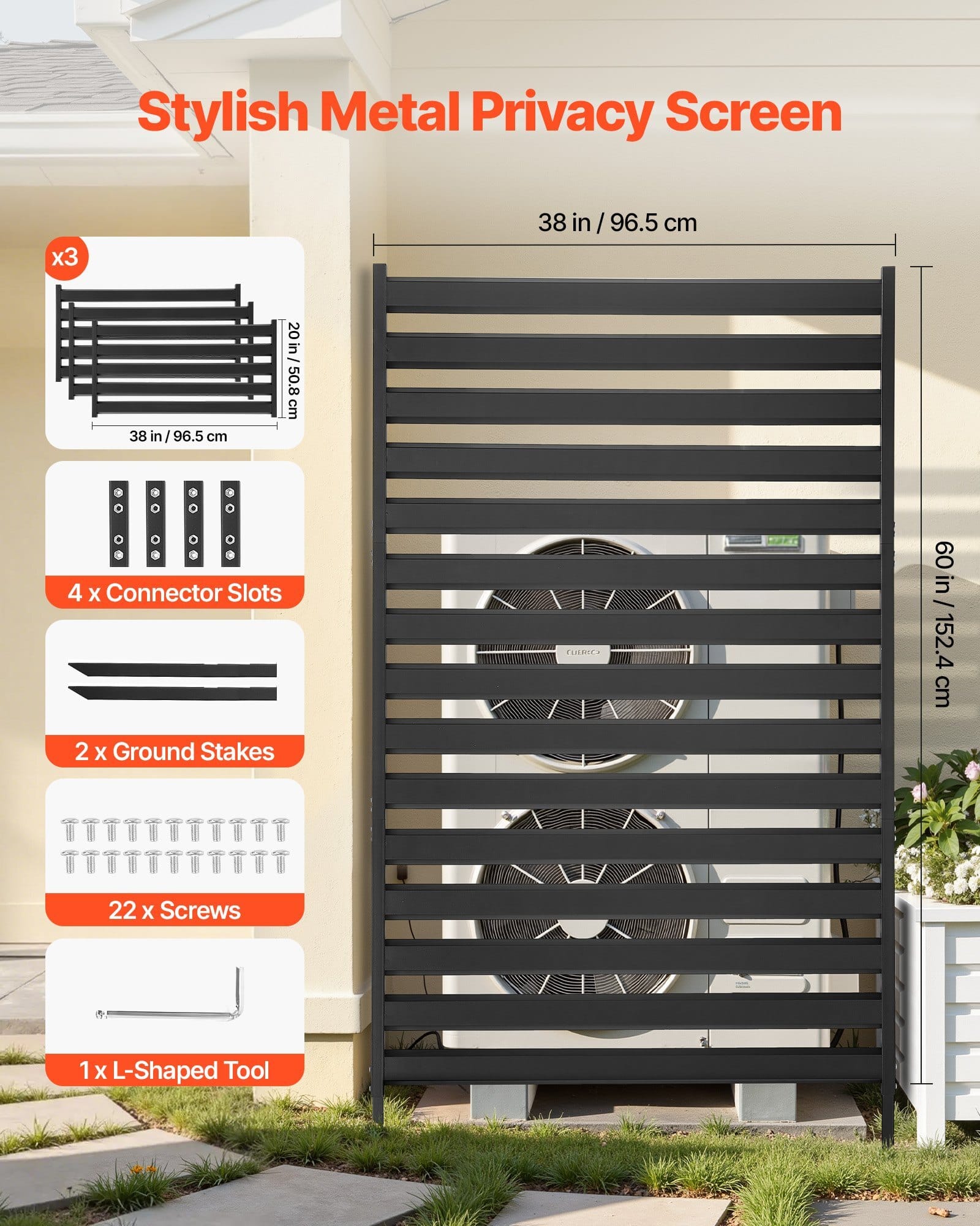Metal Privacy Screen, 38" W x 60" H Freestanding Modern Privacy Fence, Garden Divider Panel with Extended Ground Stakes & Panel Height Adjustable, Freestanding Outdoor Divider for Garden, Indoor