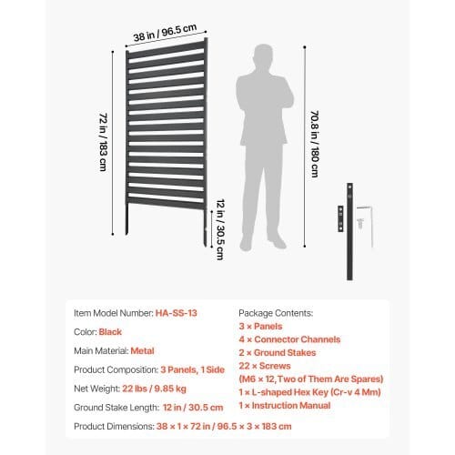 Metal Privacy Screen, 38" W x 60" H Freestanding Modern Privacy Fence, Garden Divider Panel with Extended Ground Stakes & Panel Height Adjustable, Freestanding Outdoor Divider for Garden, Indoor
