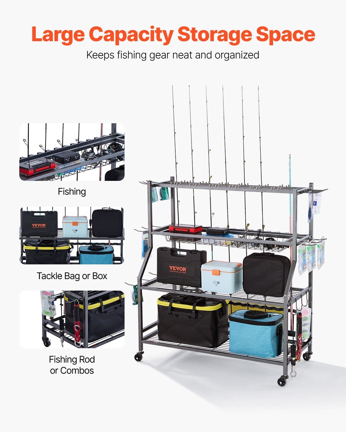 Fishing Rod Holder for 15-Rods, Mobile Fishing Pole Rack Cart with Wheels, Fish Gear Equipment Organizer for Garage Home Indoor Use, for Tackle Box Reel Accessories Storage, Gifts for Men