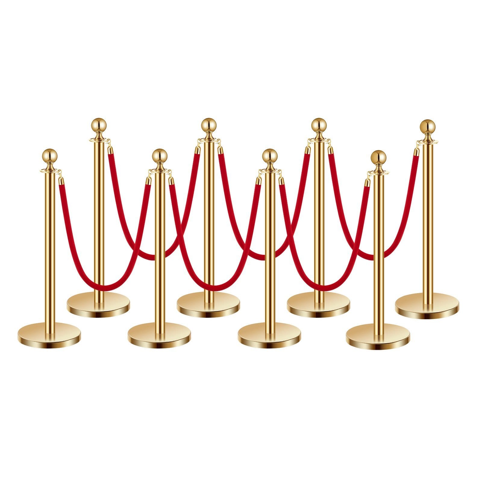 Stanchions and Velvet Ropes 8Pcs, Hollow Base with Stainless Steel Post, 6 Red Velvet Ropes and Posts, Crowd Control Barriers Gold Stanchions, Red Carpet Runner Poles for Party Supplies
