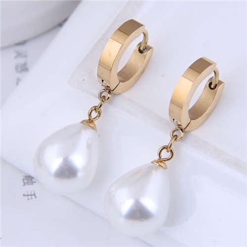 Pearl Fashion Minimalist Design Wholesale Jewelry Women Huggie Ear Dangle Studs - Golden