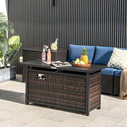 45 Inch Propane Rattan Firepit Table with Glass Stones and Protective Cover-Mixed Brown - Color: Brown