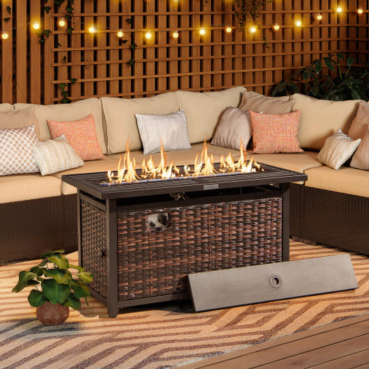 45 Inch Propane Rattan Firepit Table with Glass Stones and Protective Cover-Mixed Brown - Color: Brown