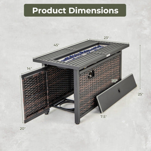 45 Inch Propane Rattan Firepit Table with Glass Stones and Protective Cover-Mixed Brown - Color: Brown