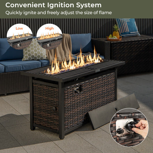 45 Inch Propane Rattan Firepit Table with Glass Stones and Protective Cover-Mixed Brown - Color: Brown