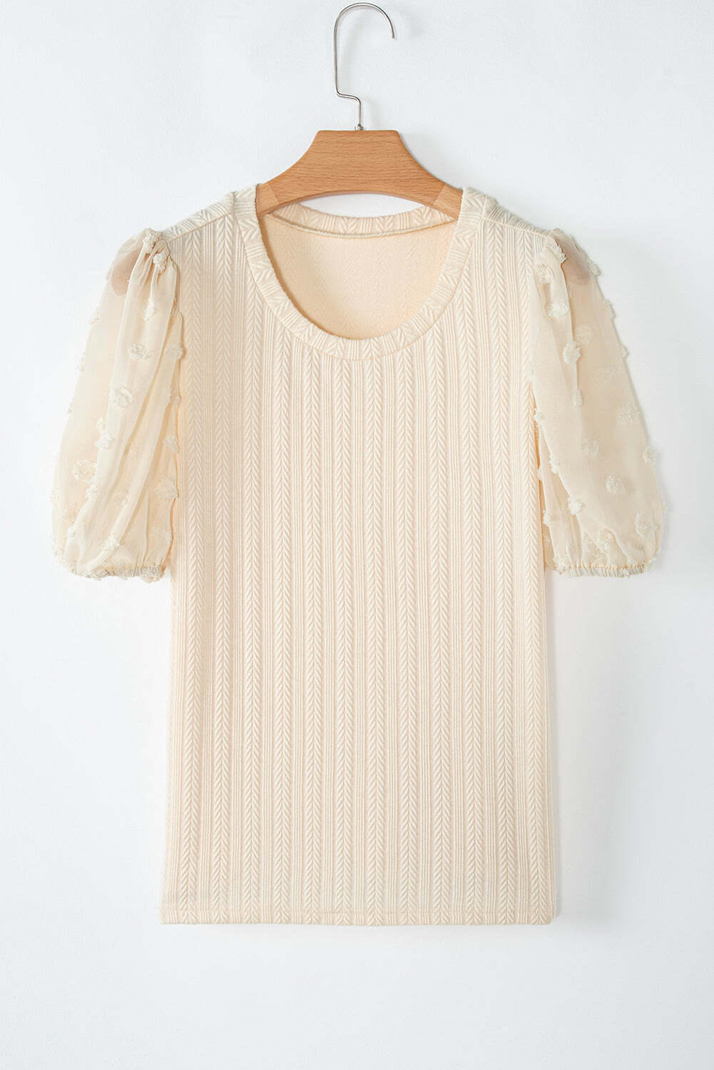 Apricot Polka Dot Mesh Puff Sleeve Textured Blouse