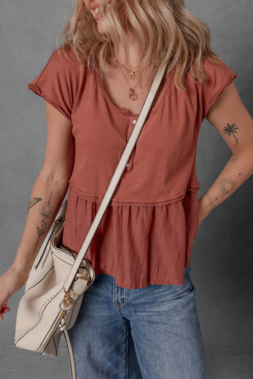 Chestnut Short Sleeve U Neck Buttons Splicing Ruffle Blouse