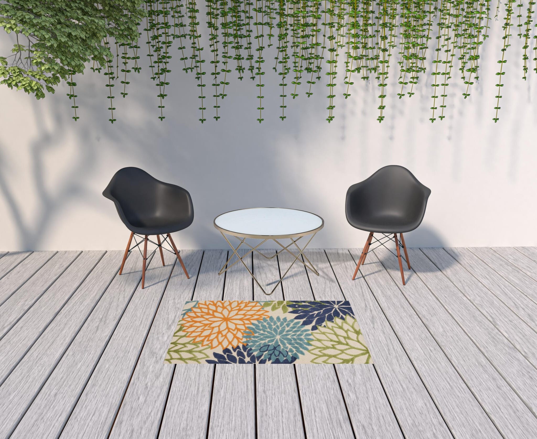 3' X 5' Cream And Blue Floral Non Skid Indoor Outdoor Area Rug
