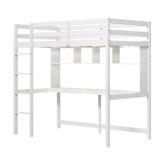 Twin Size Loft Bed with Desk and Shelves for Home Dorm Apartment No Box Spring Needed-White - Color: White