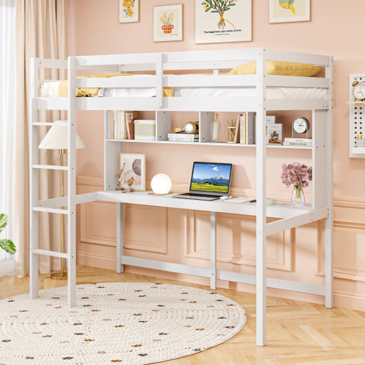 Twin Size Loft Bed with Desk and Shelves for Home Dorm Apartment No Box Spring Needed-White - Color: White