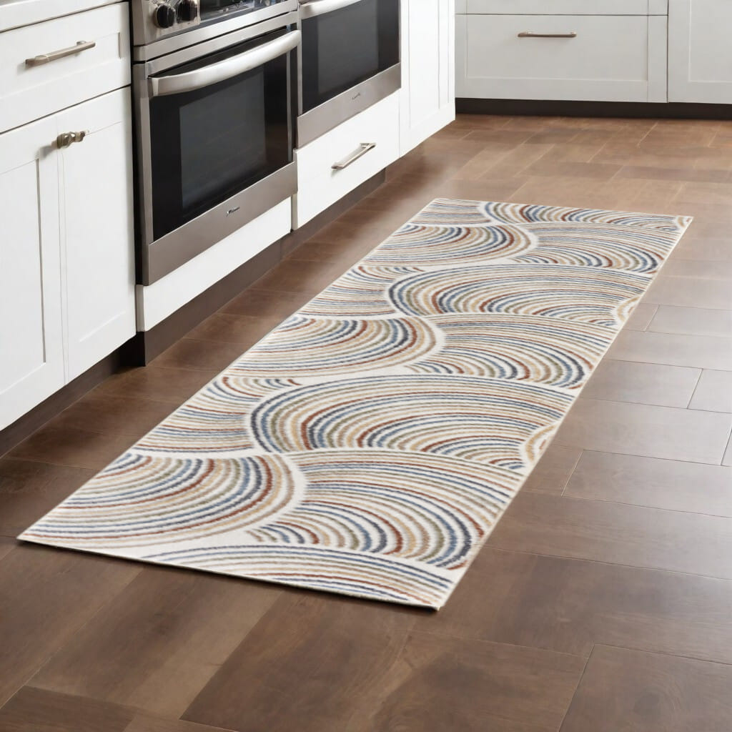 8' Runner Blue and Ivory Abstract Power Loom Washable Runner Rug
