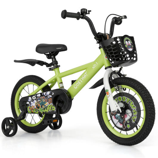 Costway 14 Inch Kids Bike Adjustable with Detachable Training Wheels for 3-5 Years Old-14 inches - Color: Green - Size: 14 inches