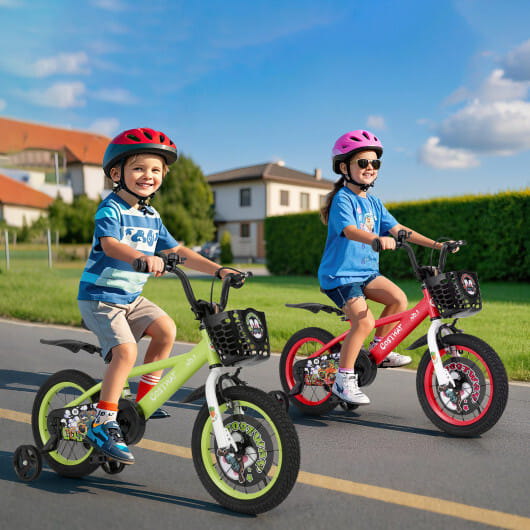 Costway 14 Inch Kids Bike Adjustable with Detachable Training Wheels for 3-5 Years Old-14 inches - Color: Green - Size: 14 inches