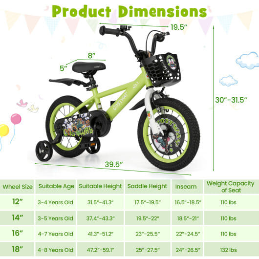 Costway 14 Inch Kids Bike Adjustable with Detachable Training Wheels for 3-5 Years Old-14 inches - Color: Green - Size: 14 inches