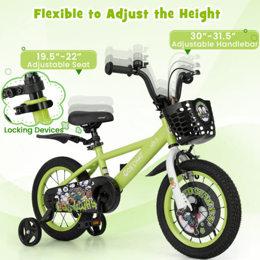 Costway 14 Inch Kids Bike Adjustable with Detachable Training Wheels for 3-5 Years Old-14 inches - Color: Green - Size: 14 inches