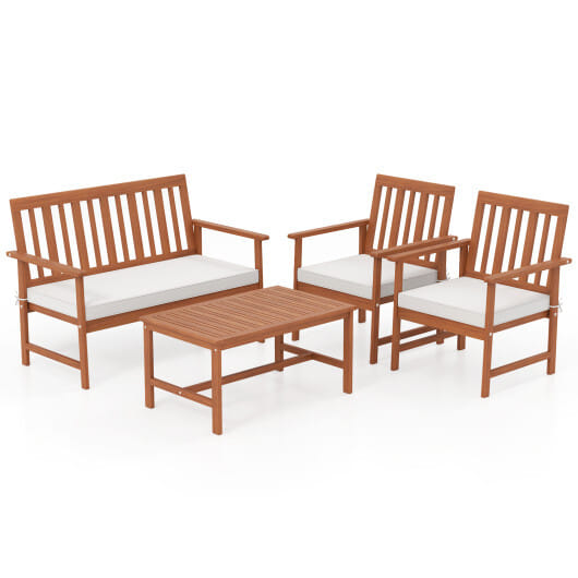 4 Pieces Acacia Wood Furniture Set with Seat Cushions and Robust Wood Frame-White - Color: White