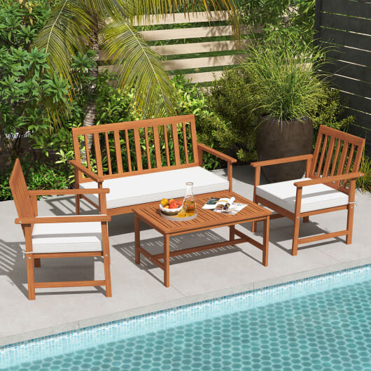 4 Pieces Acacia Wood Furniture Set with Seat Cushions and Robust Wood Frame-White - Color: White