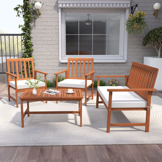 4 Pieces Acacia Wood Furniture Set with Seat Cushions and Robust Wood Frame-White - Color: White